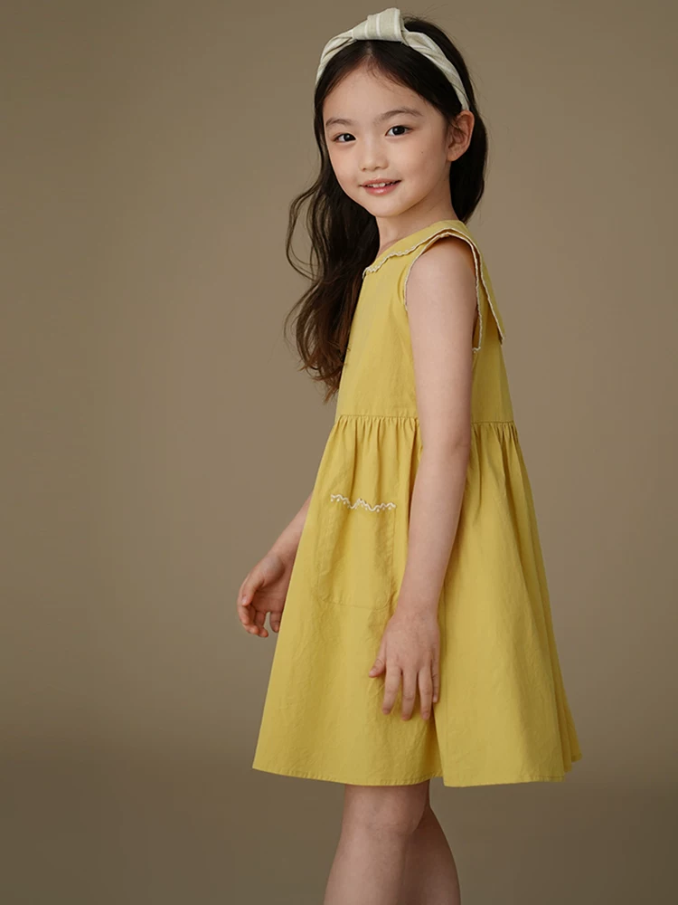 Váy liền thân kiểu học sinh màu gừng, chất liệu cotton 100%, không tay, dành cho bé gái, mùa hè mới.