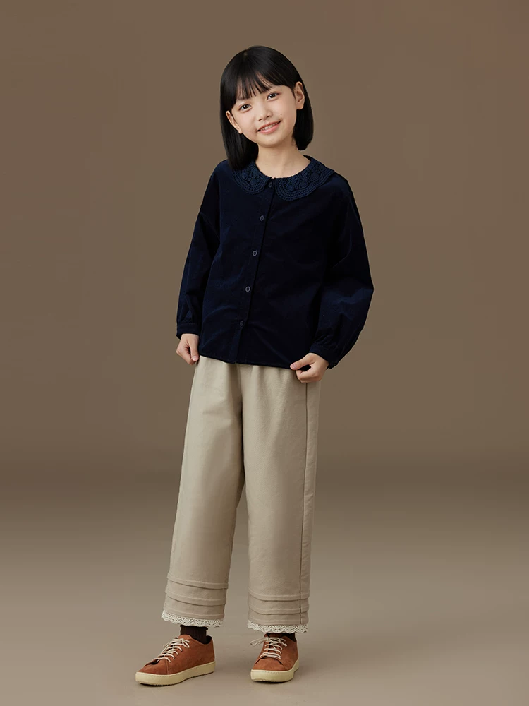Quần dài kaki phối ren mùa thu đông cho bé gái, kiểu dáng đơn giản, quần thẳng