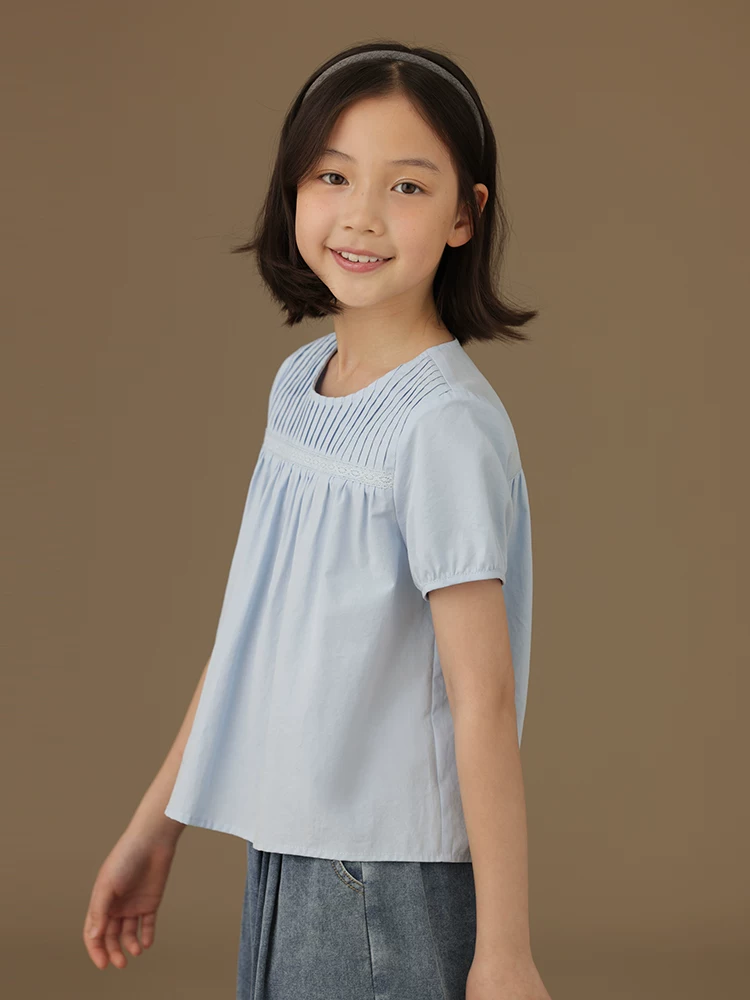 Hazi Quần Áo Trẻ Em Xanh Nhạt Cho Bé Top Mỏng Dễ Thương Tay Phồng Áo Sơ Mi Trẻ Em Nữ Tay Ngắn Áo Sơ Mi Búp Bê Mùa Hè