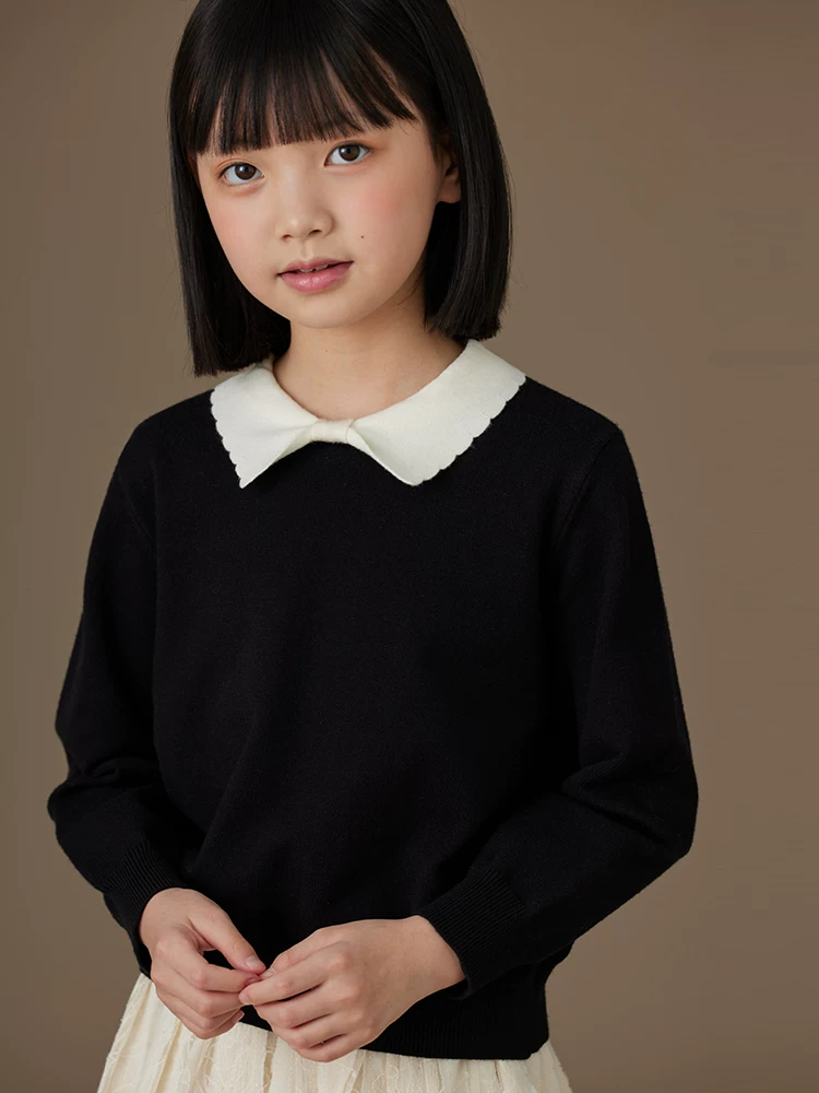 Quần áo trẻ em mùa thu đông Áo len bé gái phối màu đen trắng đơn giản mang lại cảm giác cao cấp Áo khoác dệt kim trẻ em dành cho trẻ lớn hơn