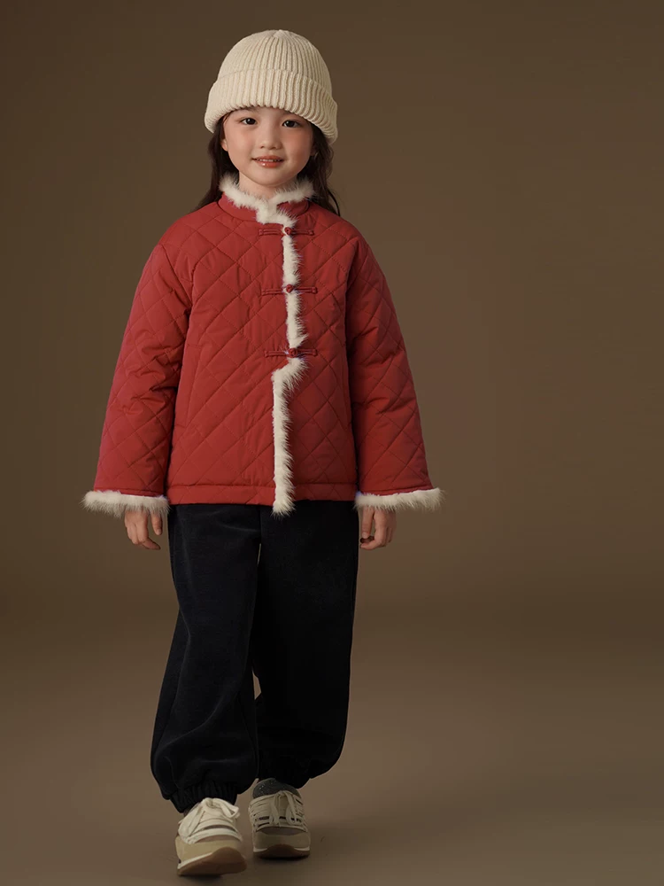 Quần áo cotton mùa đông cho trẻ em có cổ lông thật, áo khoác dày cho bé gái, trang phục Tết kiểu Trung Quốc mới màu đỏ cho bé gái.