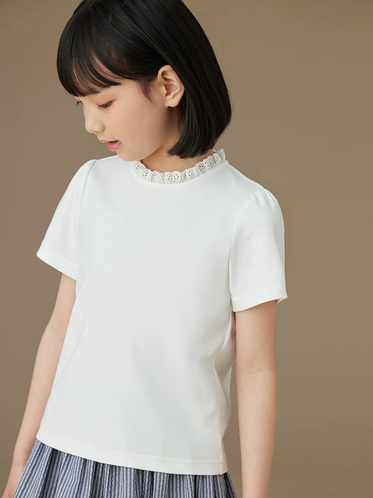 Quần áo trẻ em Ha Chi Áo thun ngắn tay mùa hè cho bé gái Áo thun cổ ren trắng Áo trẻ em chất liệu cotton cao cấp Quần áo mùa hè cho bé gái