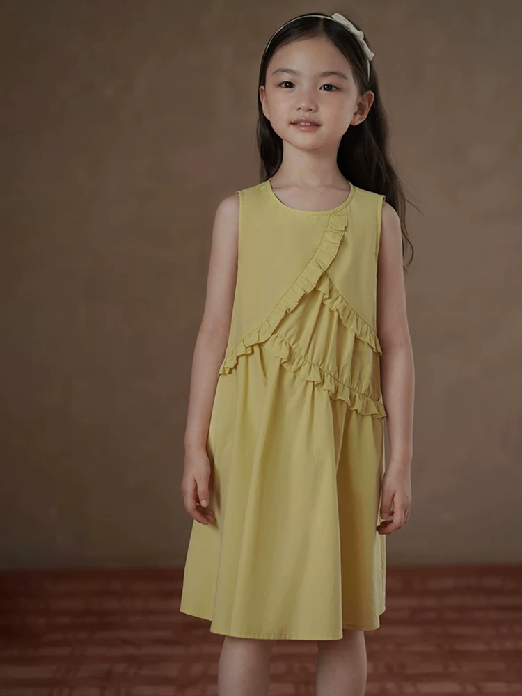 Quần áo trẻ em váy mùa hè màu vàng phong cách Hàn Quốc váy hai dây xếp nếp váy dài thường ngày cho trẻ lớn mặc mùa hè