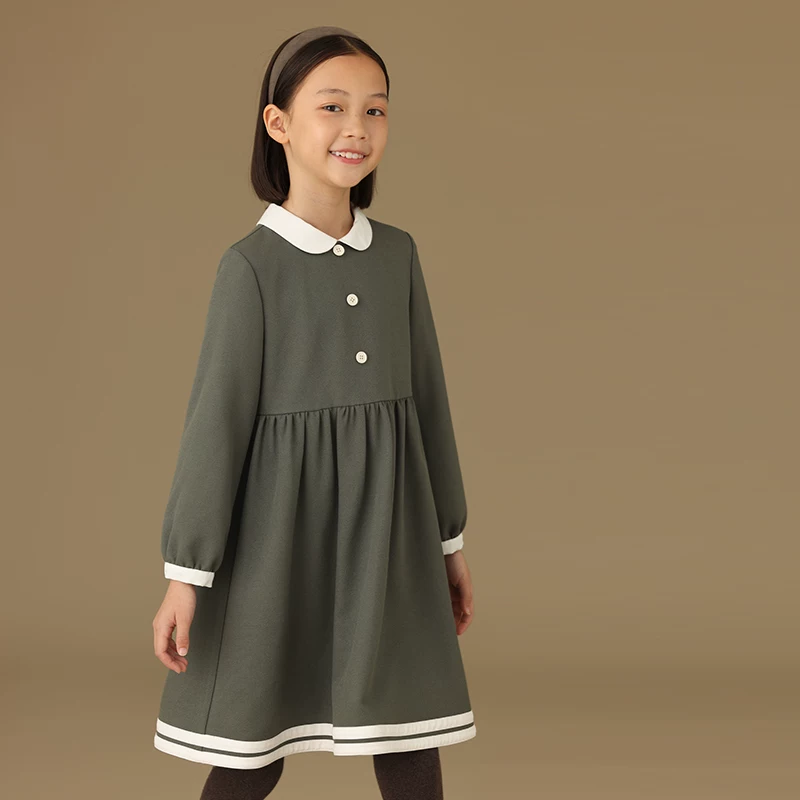 Quần áo trẻ em cho trẻ lớn, váy thu đông, váy cổ phối màu tương phản, váy chữ A kiểu sườn xám cho bé gái mùa thu