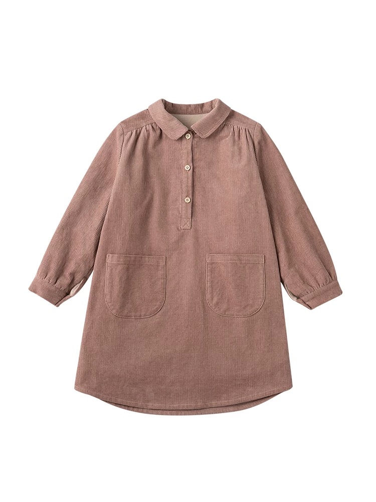 Quần áo trẻ em: Váy dài tay chất liệu cotton corduroy dáng rộng, có cổ và lớp lót lông cừu dành cho bé gái.