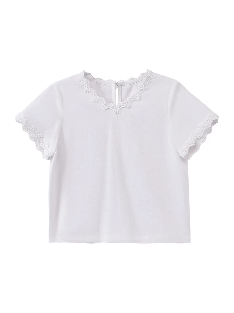 Quần áo trẻ em mùa hè mỏng nhẹ, áo blouse ren trắng dễ thương, áo sơ mi ngắn tay cho bé gái lớn hơn