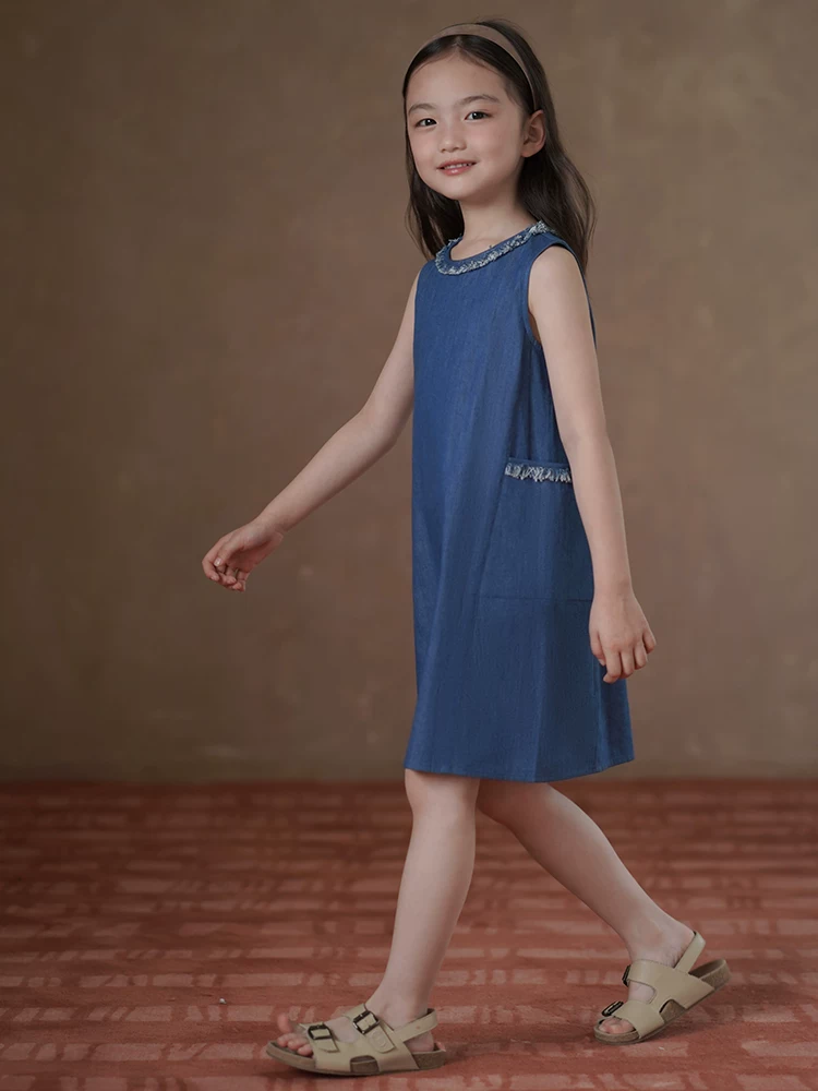 Quần áo trẻ em Hazi Váy trẻ em mùa hè Váy đơn giản phong cách Nhật Bản Váy denim cho bé gái Váy denim cổ điển Váy dài vừa phải cho bé gái