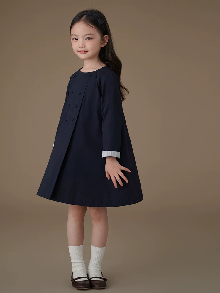 Quần áo trẻ em trang phục mùa xuân màu xanh hải quân dáng rộng vừa vặn với da cotton thân thiện với da Váy chữ A cho bé gái Váy dài tay cho bé gái