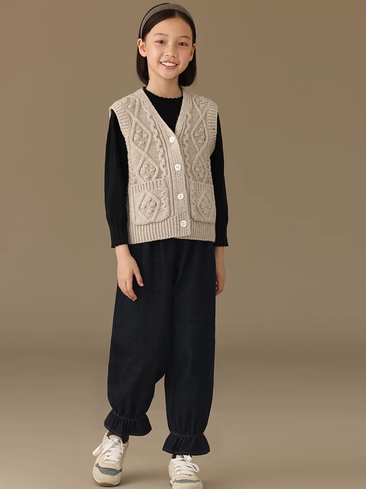 Quần dài trẻ em Hazi mùa thu đông phong cách retro rừng, chất liệu cotton, bo gấu bèo nhún, kiểu dáng rộng rãi, chất liệu jean cho bé gái