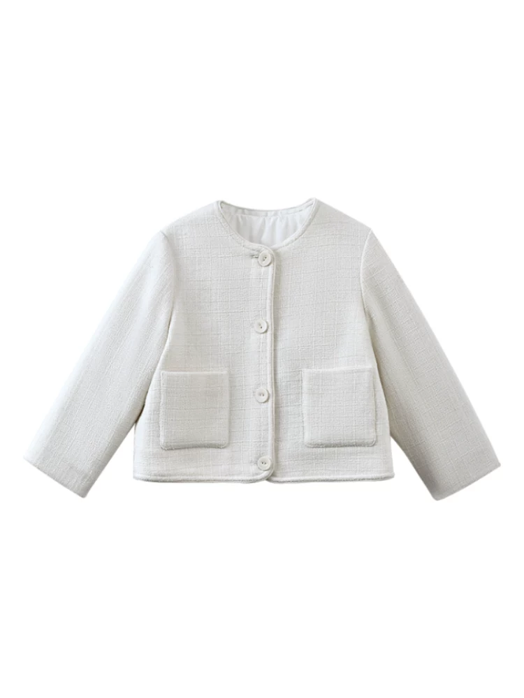 Áo khoác len ngắn cho trẻ em mùa thu đông, áo kiểu Chanel đơn giản và cao cấp cho bé gái, áo khoác cotton mỏng cho bé gái.
