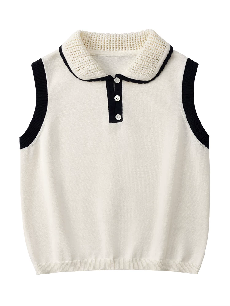 Quần áo trẻ em Áo dệt kim phối màu đen trắng có cổ ren, áo ngắn tay hoàn toàn bằng cotton cho bé gái, áo vest mỏng cho bé gái lớn hơn.