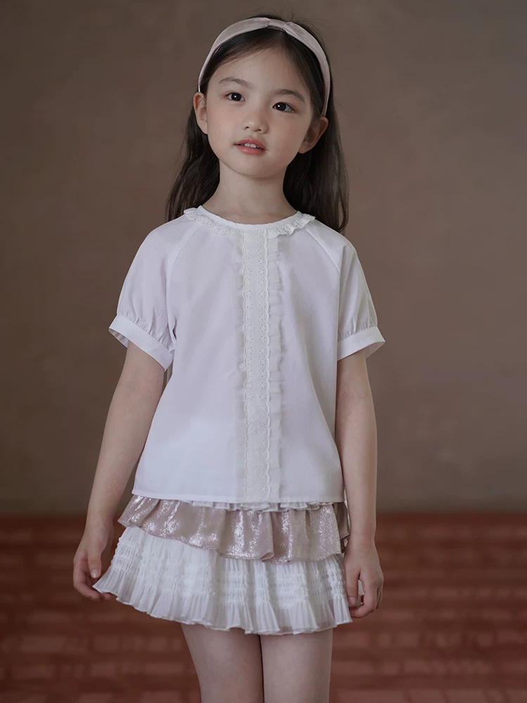 Quần áo trẻ em Hazi Áo thun trắng mát mẻ mùa hè Lyocell dành cho bé gái Áo sơ mi ngắn tay dành cho trẻ lớn hơn Phong cách mùa hè mới