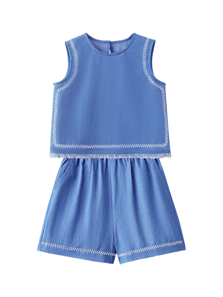 Hazi Quần Áo Trẻ Em Cotton Thân Thiện Với Da Áo Vest Trẻ Em Không Tay Top Vintage Quần Short Denim Nữ Mùa Hè Bộ Phong Cách Mới
