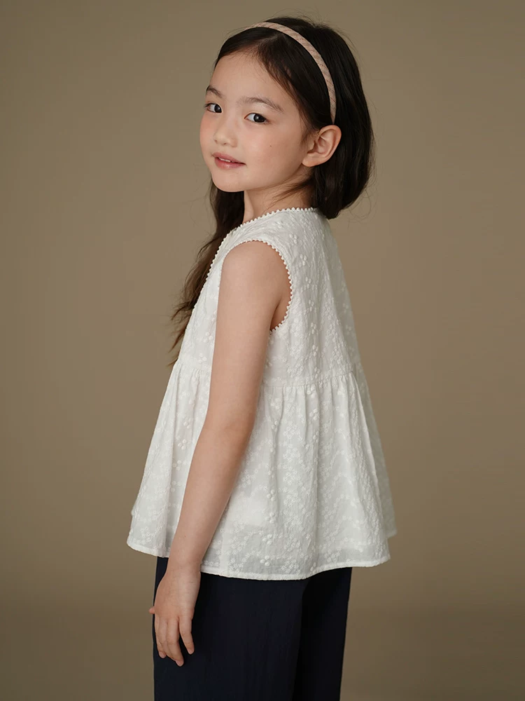 Quần áo trẻ em áo sơ mi cotton trắng không tay dành cho bé gái trang phục mùa hè tươi mát dễ thương dành cho trẻ lớn hơn