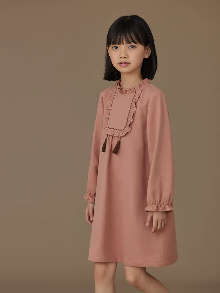 Quần áo trẻ em Hazi Váy chữ A màu hồng ngọt ngào cho trẻ em Xuân Thu Váy ren cotton thân thiện với da cho bé gái