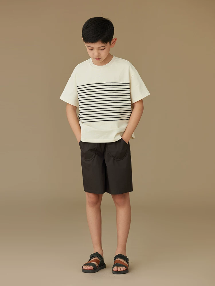 Quần áo trẻ em áo thun ngắn tay sọc cotton màu trắng nhạt cho bé trai và bé gái Áo thun đa năng thân thiện với da dành cho trẻ lớn mùa hè