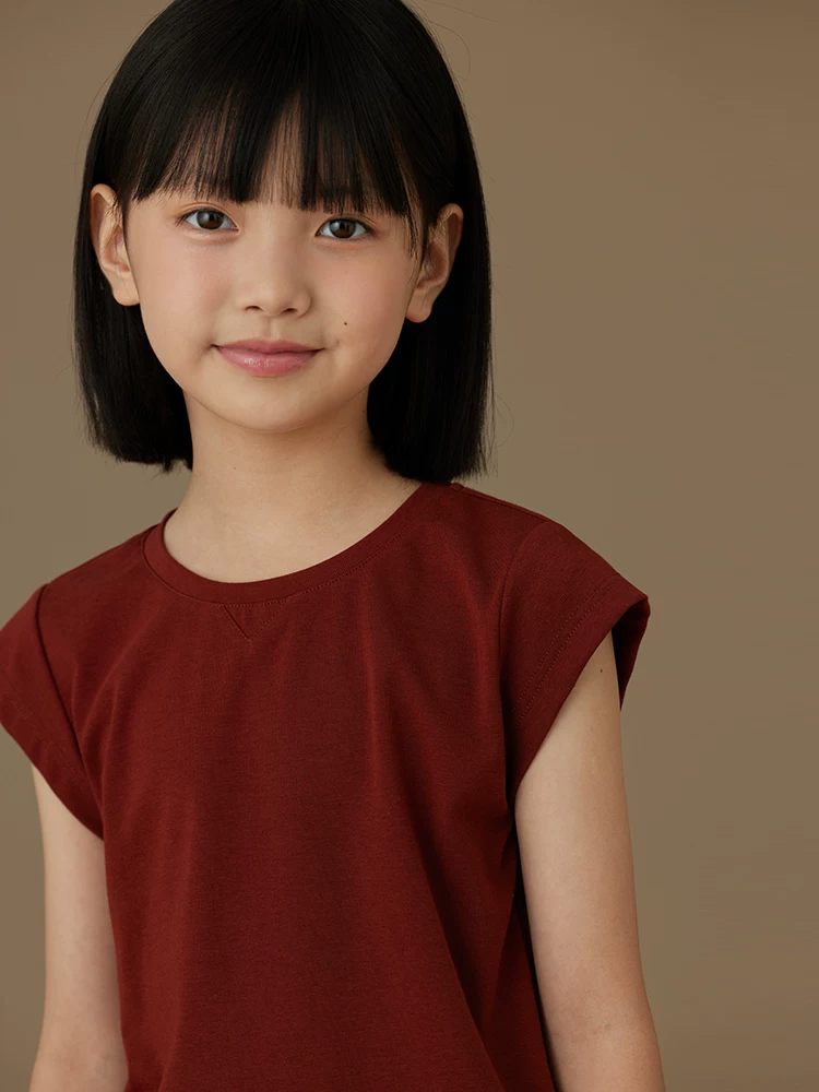 Quần áo trẻ em Áo thun cổ tròn màu đỏ tía cho bé gái, áo ngắn tay mùa hè mới, trang phục mùa hè thông thường đa năng cho trẻ em, mỏng