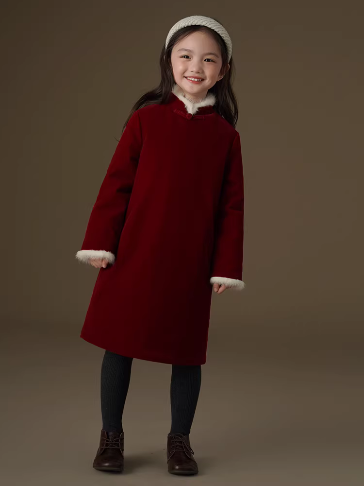 Váy dài tay mùa đông có cổ lông thật cho bé gái, trang phục Tết kiểu Trung Quốc mới màu đỏ, áo khoác Tết.