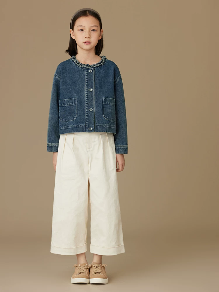 Áo khoác denim trẻ em có cổ xếp nếp, áo khoác ngắn cổ điển giản dị dành cho bé gái, thích hợp cho mùa xuân và mùa thu, dành cho trẻ lớn hơn.