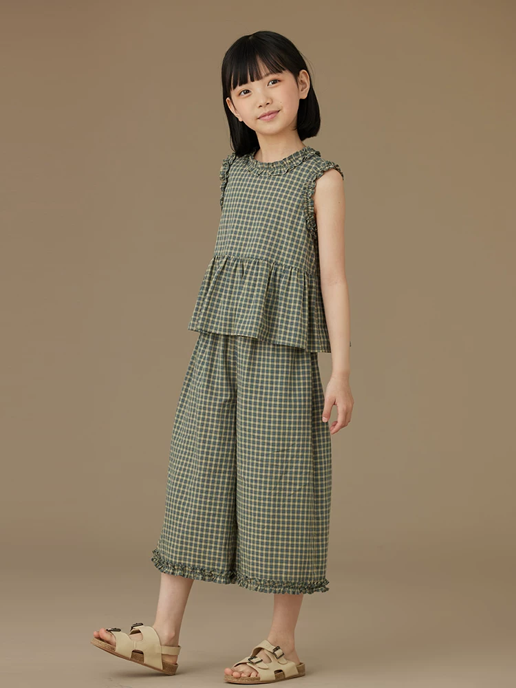 Bộ quần áo trẻ em hai mảnh mùa xuân hè, họa tiết kẻ ô xanh đồng quê, áo ba lỗ, quần dài, trang phục mùa hè cho bé gái