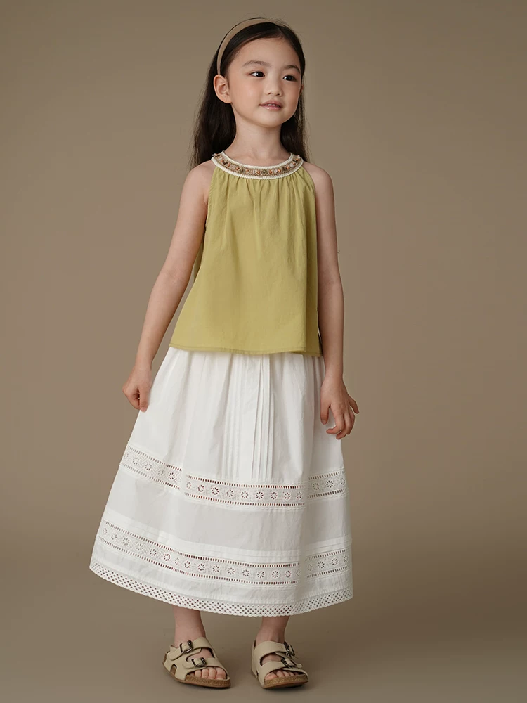 Quần áo trẻ em mùa hè váy nửa thân cotton thân thiện với da váy ren trắng váy dài cho bé gái thiết kế đơn giản
