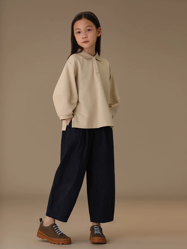 Quần áo trẻ em mùa xuân hè màu xanh đậm quần cotton nguyên chất dáng rộng quần jean ống rộng không phai màu dành cho bé gái