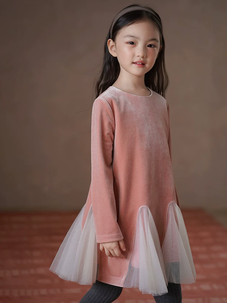 Quần áo trẻ em Hazi Váy trẻ em mùa thu đông Váy nhung màu hồng ngọt ngào Váy đuôi cá cho bé gái Váy thanh lịch Váy cho bé gái