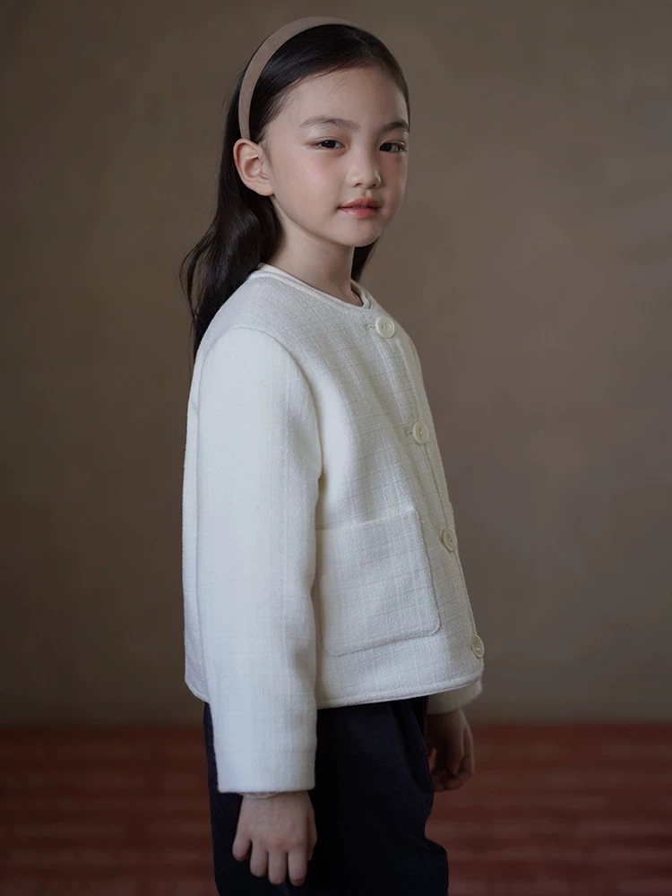 Áo khoác len ngắn cho trẻ em mùa thu đông, áo kiểu Chanel đơn giản và cao cấp cho bé gái, áo khoác cotton mỏng cho bé gái.
