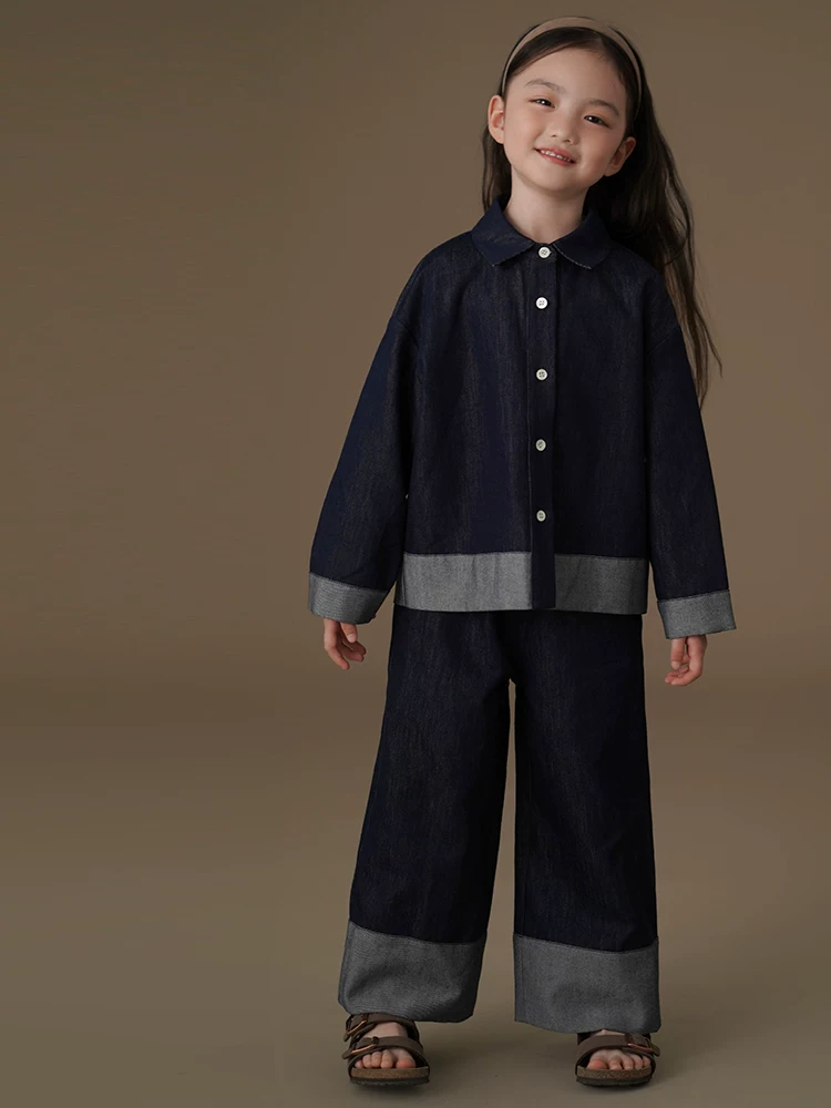 Bộ áo khoác denim và quần denim rộng rãi cho bé trai và bé gái, bộ sưu tập mới mùa xuân thu.