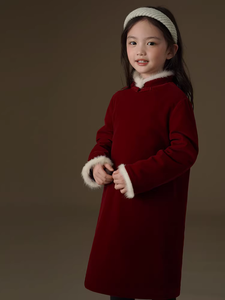 Váy dài tay mùa đông có cổ lông thật cho bé gái, trang phục Tết kiểu Trung Quốc mới màu đỏ, áo khoác Tết.