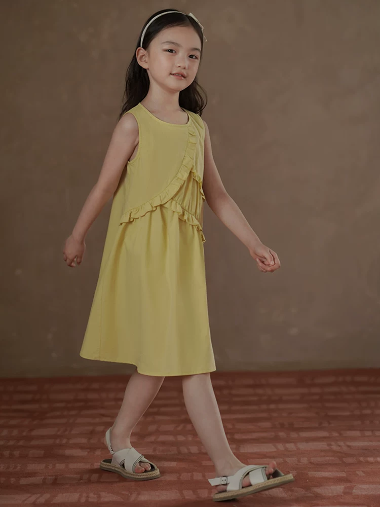 Quần áo trẻ em váy mùa hè màu vàng phong cách Hàn Quốc váy hai dây xếp nếp váy dài thường ngày cho trẻ lớn mặc mùa hè