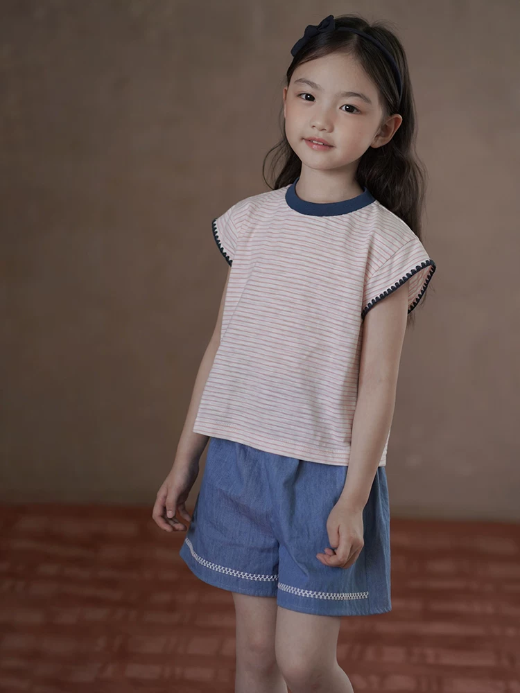 Áo dệt kim sọc hồng mỏng mùa hè dành cho trẻ em, áo thun ngắn tay cho trẻ lớn, quần áo mùa hè mới