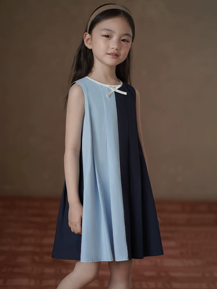 Quần áo trẻ em, váy trẻ em, váy hai dây dài trung bình, váy xếp ly kiểu học sinh, quần áo mùa hè cho bé gái, kiểu dáng mới.
