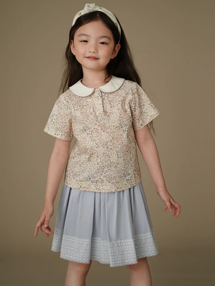 Quần áo trẻ em Ha Chi Váy ngắn mùa hè cho trẻ em với thiết kế tươi mới màu xanh da trời dành cho bé gái, trang phục mùa hè cho trẻ em cỡ vừa đến lớn Phong cách mới.