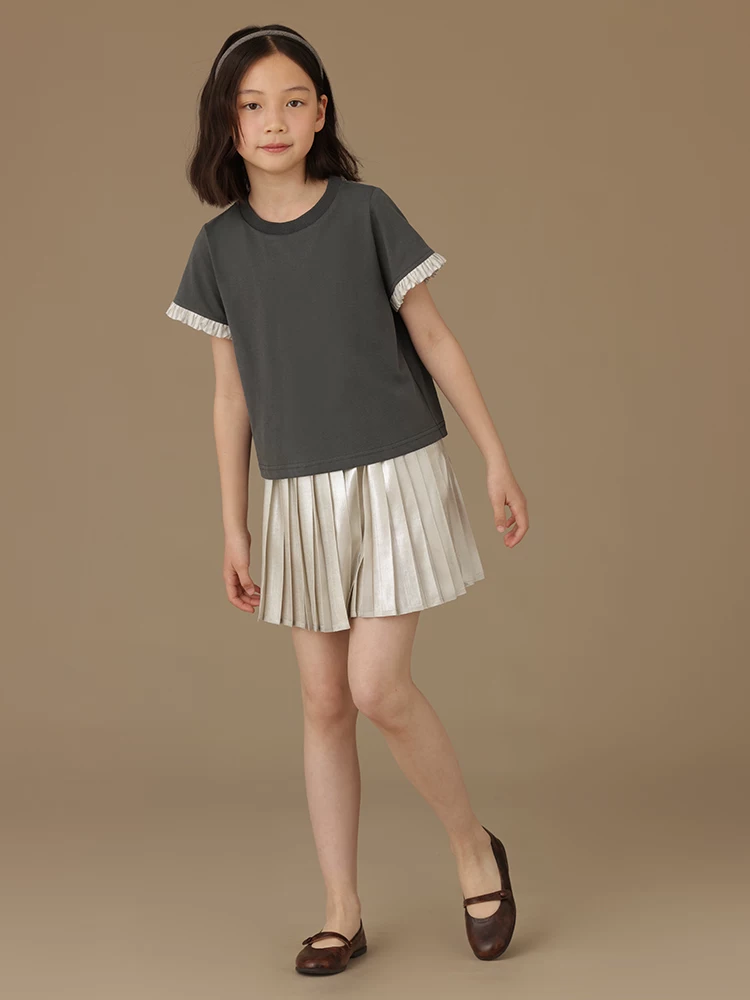 Quần áo trẻ em áo ngắn tay màu xám đậm mùa hè mỏng đa năng áo thun cổ tròn dáng rộng trang phục mùa hè cho bé gái sành điệu