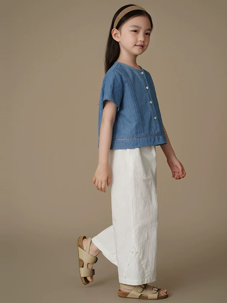 Hazi Quần Áo Trẻ Em Mùa Hè Denim Bộ Thân Thiện Với Làn Da Thoáng Khí Áo Sơ Mi Tay Ngắn Váy Bé Gái Thường Ngày Dáng Rộng