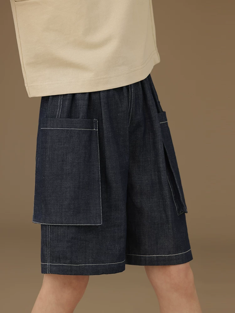 Quần short denim trẻ em mùa hè mỏng năm phần có túi lớn quần cotton ống rộng thông thường cho bé trai và bé gái