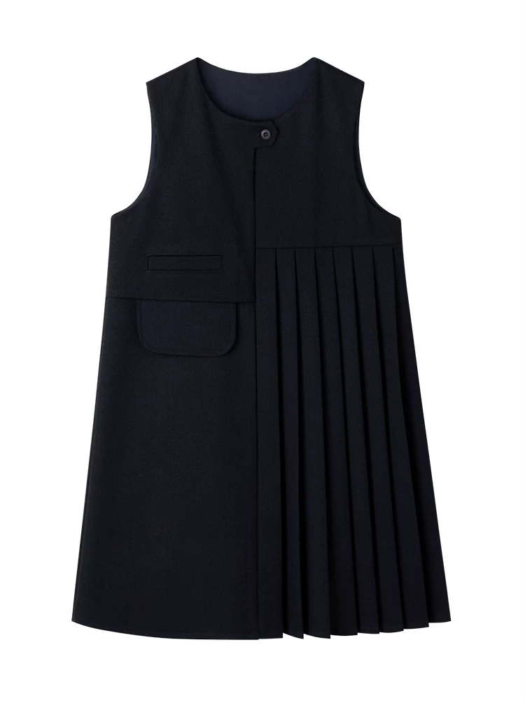 Quần áo trẻ em váy vest màu xanh hải quân, trang phục trang trọng đơn giản và tinh tế cho bé gái, trang phục mùa thu cho trẻ lớn.