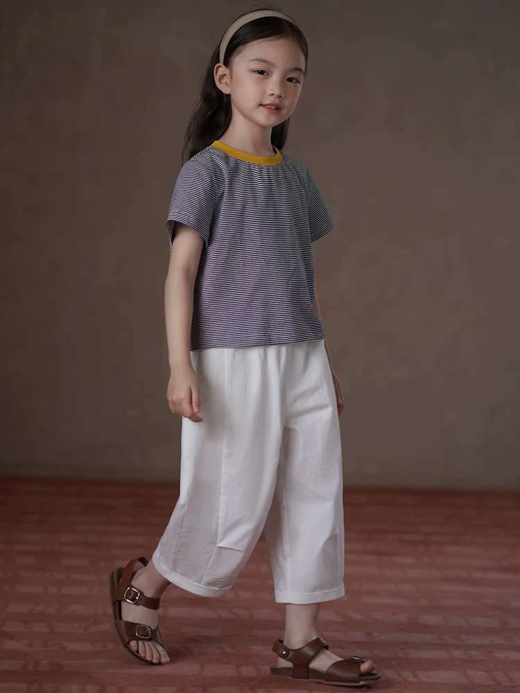 Quần áo trẻ em mùa hè quần ống rộng mỏng cho bé gái, quần chín phần, quần dài cotton trắng dáng rộng thoải mái cho bé gái