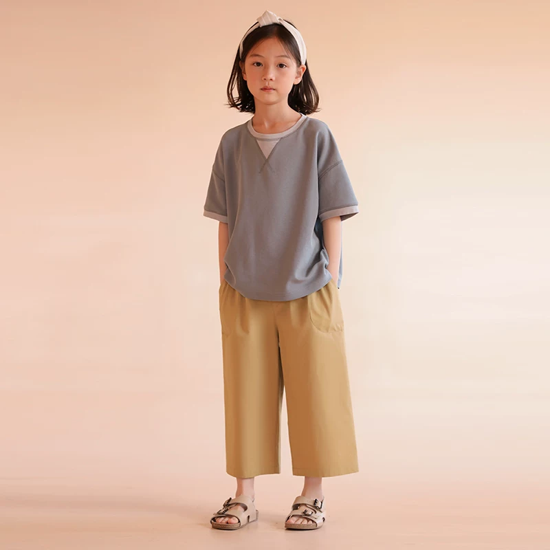 Quần áo trẻ em Hazi hàng mới về mùa thu dành cho cha mẹ và con trai và con gái màu trơn dáng rộng ống thẳng cotton nguyên chất lưng thun quần đa năng thông thường
