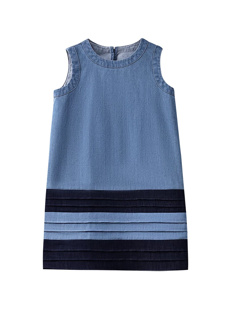 Váy vest mỏng mùa hè cho bé gái, váy denim, váy chắp vá cổ điển, quần áo mùa hè cho trẻ lớn.