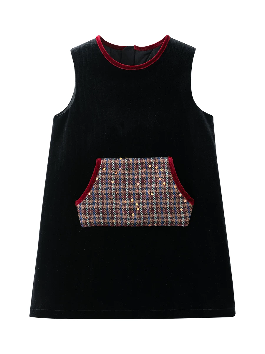 Váy nhung mùa đông cho trẻ em, váy vest kiểu tweed phối màu thời trang, váy dài trung bình có đệm bông cho bé gái