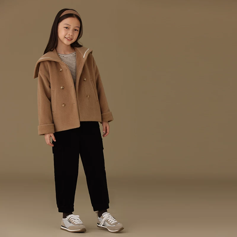 Áo khoác len mùa đông cho trẻ em, dày dặn và ấm áp, áo khoác len cho bé gái, áo khoác ngắn phong cách preppy cho trẻ lớn.