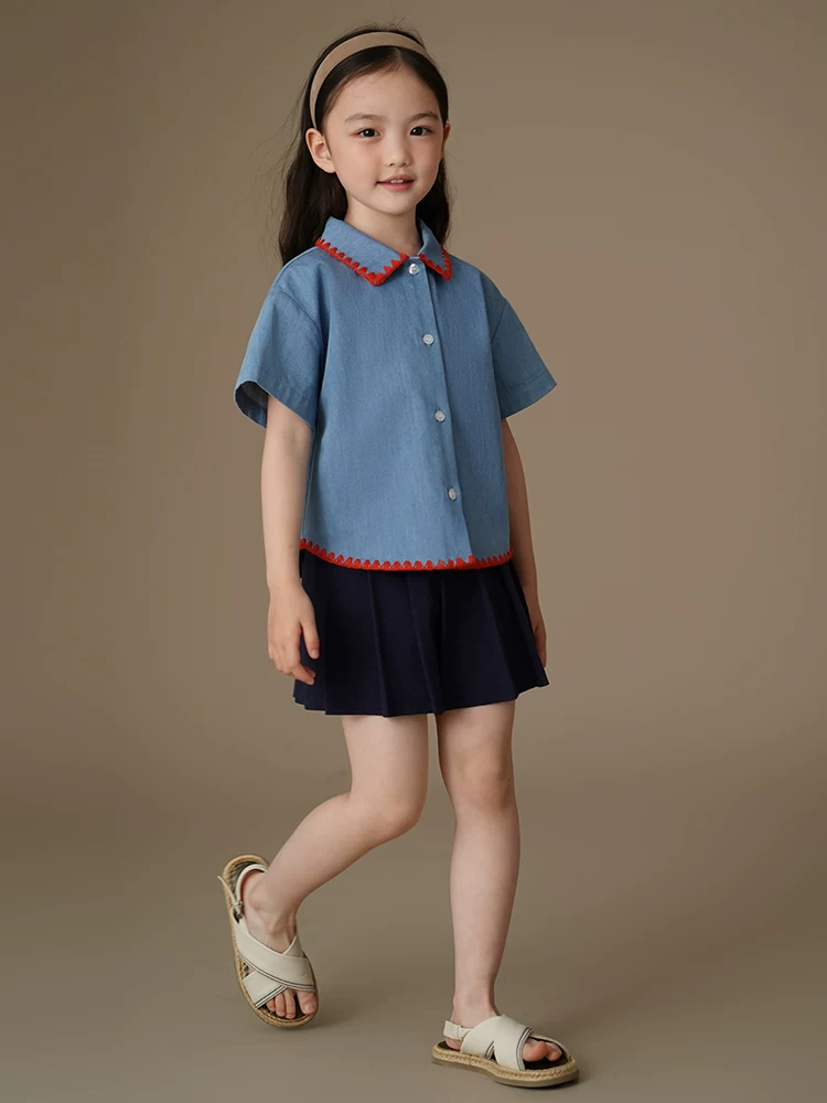 Áo sơ mi denim trẻ em Hazi 2025 kiểu retro, thời trang, dành cho bé trai và bé gái, tay ngắn, mùa hè