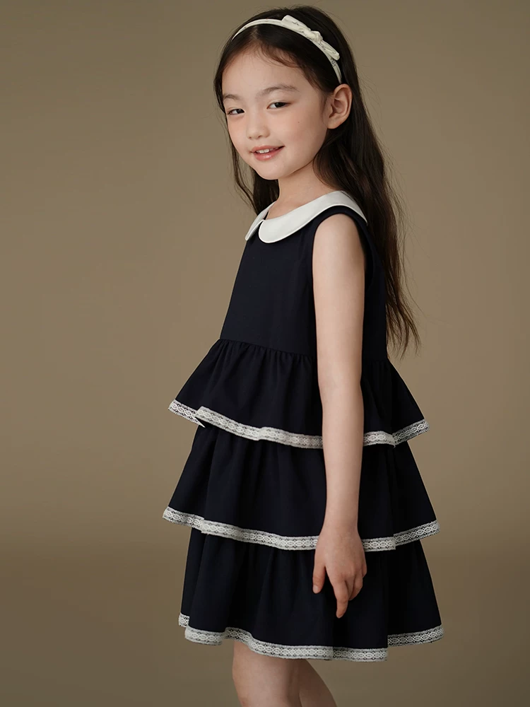 Quần áo trẻ em váy vest mùa hè có cổ búp bê, váy không tay cho bé gái, váy bánh ngọt có thiết kế, váy trang trọng.