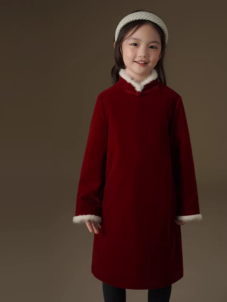 Váy dài tay mùa đông có cổ lông thật cho bé gái, trang phục Tết kiểu Trung Quốc mới màu đỏ, áo khoác Tết.