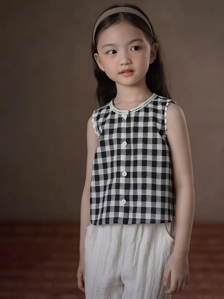 Quần áo trẻ em mùa hè mỏng kiểu Hàn Quốc, áo ba lỗ kẻ caro, áo sơ mi nữ, áo gile cổ điển, phong cách thường ngày cho bé gái
