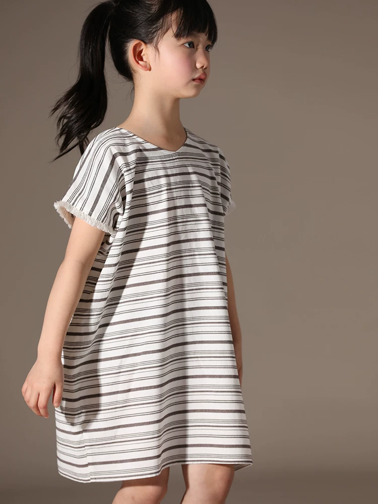 Quần áo trẻ em Ha Chi mùa hè chất liệu cotton chải kỹ cao cấp sọc kẻ kiểu dáng mẹ và bé tay bèo váy chữ A váy bé gái