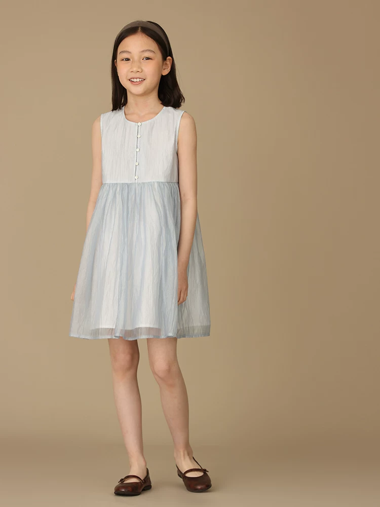 Quần áo trẻ em màu xanh da trời thơm mây nhăn ngọc trai chảy mượt váy cổ tích cha mẹ và con váy công chúa trẻ em váy mùa hè cho bé gái