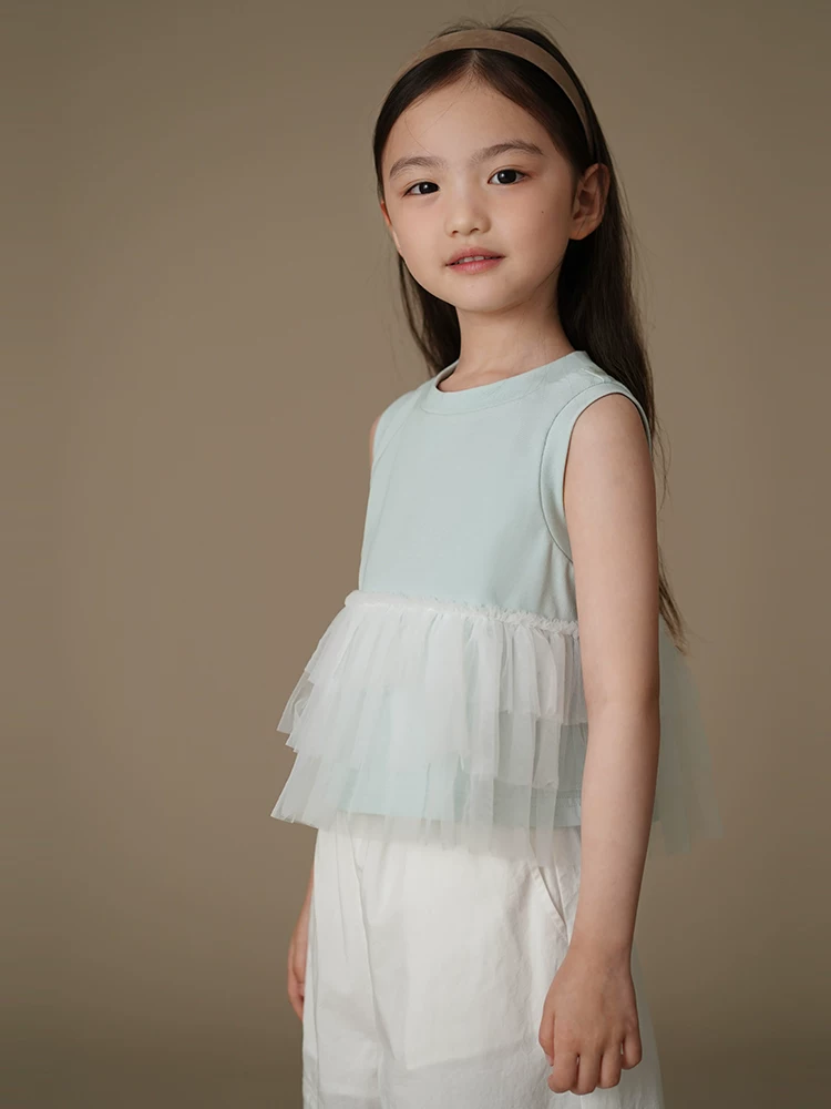Quần áo trẻ em mùa hè áo mỏng không tay áo vest dệt kim lưới giả hai mảnh trang phục mùa hè cho bé gái